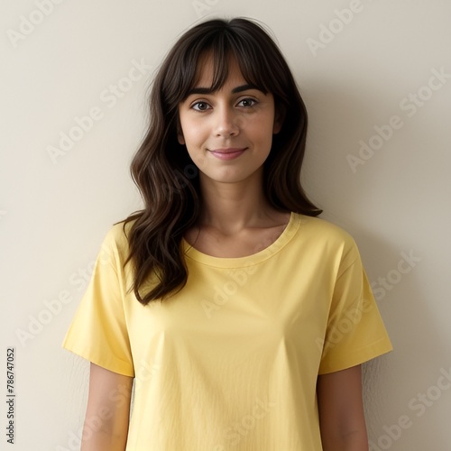 women wearing a yellow shirt standing in front of a wall