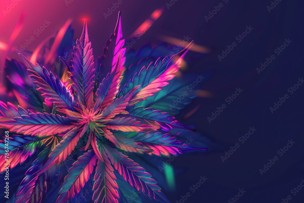 Cannabis plant top view seen under blue and purple neon light with copy space Cannabis plant top view seen under blue and purple neon light with copy space