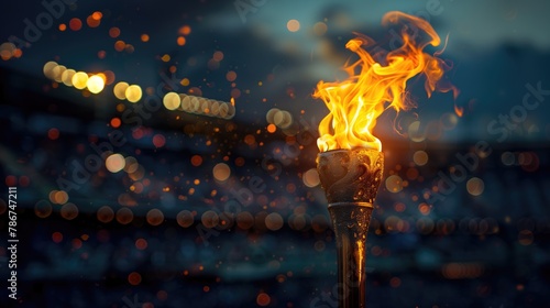 3d rendering. Flame burns in Olympic torch against blurred sports arena, copy space