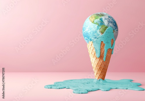 Creative summer concept with globe melting in ice cream cone on pink background. Summer or let's save the planet concept photo