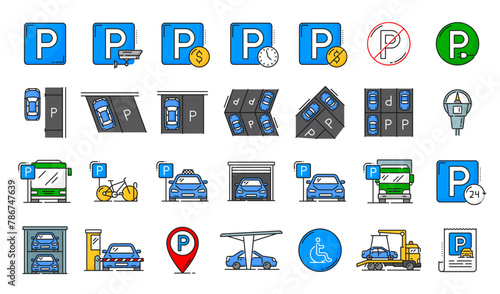 Automatic garage service and parking line icons. Automobile garage service line icon, car park area or transport public parking zone outline vector symbol with taxi, bicycle and truck, towing signs