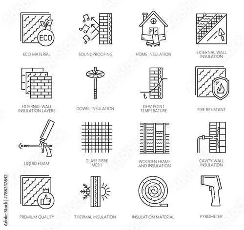 Wall thermal insulation icons. Mineral wool and tools for house building walls, floors and roof insulation. Vector line insulate panels, foam gun and rockwool roll, soundproof mats and dowel photo