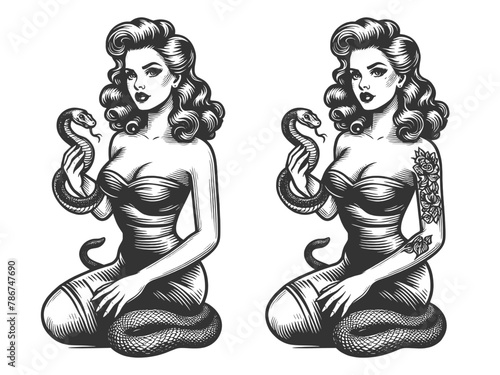 Twin seductive pin-up girls, with snake, portraying an edgy yet classic style sketch engraving generative ai fictional character vector illustration. Scratch board imitation. Black and white image.