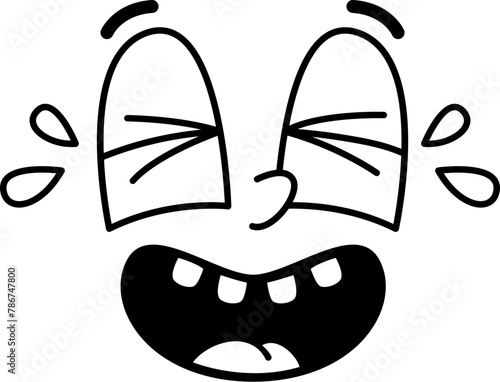 cartoon funny comic groovy laughing face emotion, retro cute emoji character with expressive hearty laugh with tears, captures pure joy, happiness. Vector lol emoticon blending nostalgia with humor