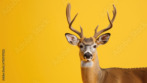 Stately deer with majestic antlers against a striking yellow background, advertising photo © NK Project