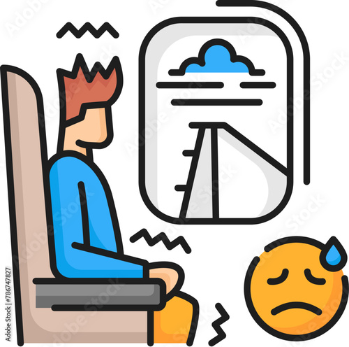 Human phobia, aerophobia psychology anxiety, mental problem line color icon. People psychology, mental disorder or phobia fear problem thin line vector symbol with man scared of airplane flights