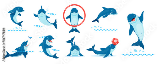 Dolphin cartoon characters from oceanarium circus with tricks, isolated vector. Funny dolphin jumping through ring or playing with ball and catching fish, smiling or waving hello in oceanarium show