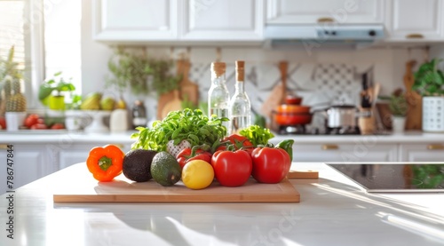 Sunlit Kitchen with Fresh Vegetables and Olive Oil on Cutting Board