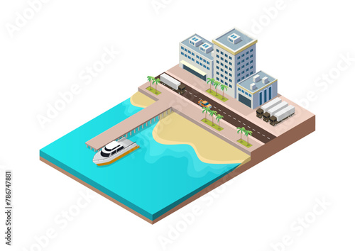 Isometric beach with seaport building