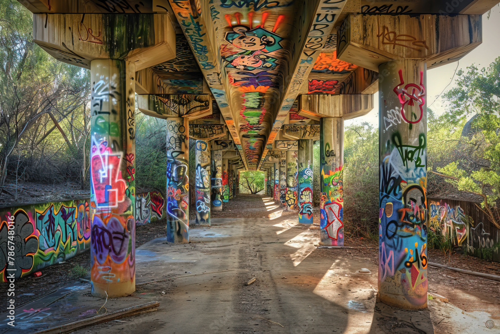 Fototapeta premium Abandoned public space under the bridge covered with colorful vibrant graffiti