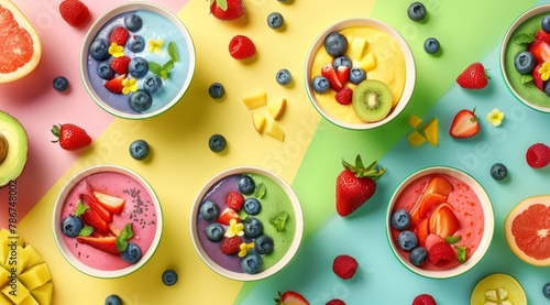 Colorful Smoothie Bowls with Assorted Fruits