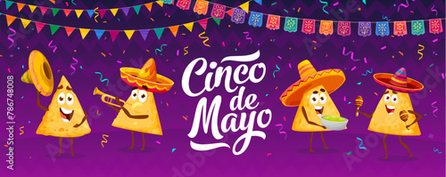 Cinco de mayo holiday, Mexican nachos chips on carnival stage. Vector festive banner with cartoon funny latino band tex mex food characters holding guacamole sauce bowl, playing trumpet and maracas