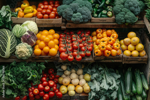 A variety of fresh fruits and vegetables are displayed on wooden shelves. The produce includes tomatoes  oranges  broccoli  and cucumbers. Concept of abundance and freshness