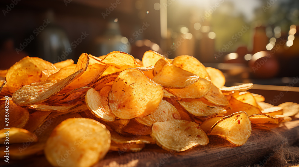 Potato chips captured in stunning detail, the texture crisp and inviting. Potato chips glisten with seasoning, appealing to the senses. Close-up shows potato chips' irresistible appeal. Potato chips captured in stunning detail, the texture crisp and inviting. Potato chips glisten with seasoning, appealing to the senses. Close-up shows potato chips' irresistible appeal.