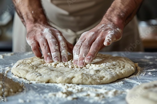 closeup of hands kneading and stretching pizza dough on floured surface artisanal food preparation