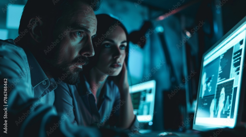 Fototapeta premium Cybersecurity experts in a hidden bunker preventing a massive data breach, styled as a dramatic, suspense thriller.