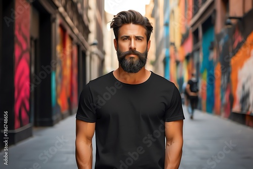 handsome bearded guy wearing plain black t-shirt on wall street art abstract Model Shirt Mockup from Generative AI