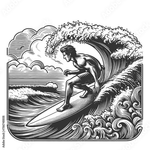 surfer in motion as he catches wave, perfectly encapsulating thrill of surfing sketch engraving generative ai fictional character vector illustration. Scratch board imitation. Black and white image.