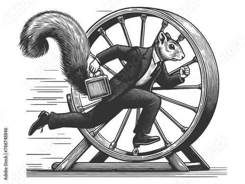 squirrel in business suit running on a wheel, metaphorically representing the corporate rat race sketch engraving generative ai vector illustration. Scratch board imitation. Black and white image.