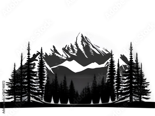 A snowy winter landscape with pine trees standing tall against snow capped mountains on transparent background illustration