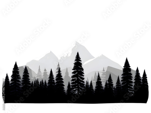 A snowy winter landscape with pine trees standing tall against snow capped mountains on transparent background,illustration