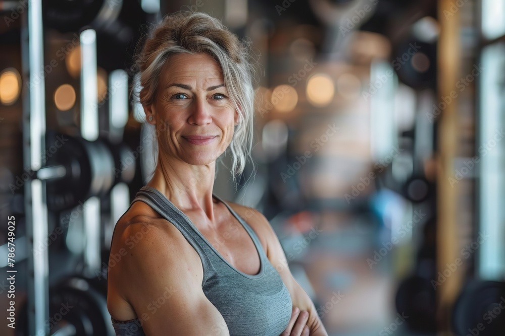 confident athletic woman in her 50s at the gym fitness portrait
