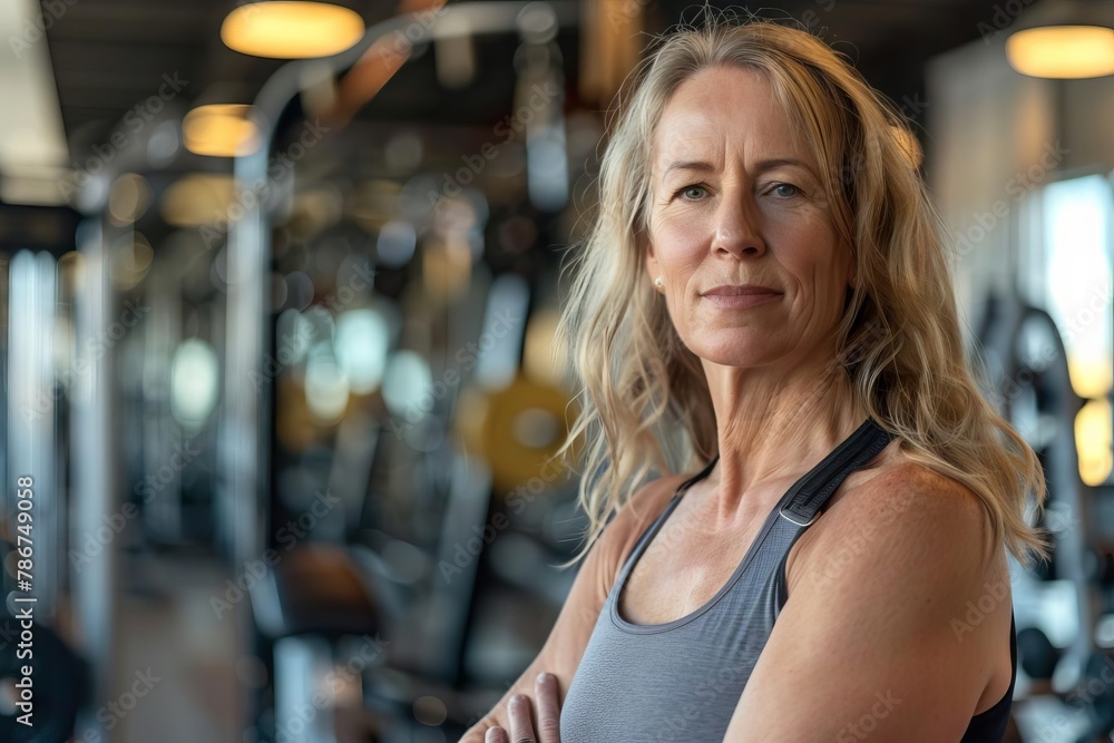 confident athletic woman in her 50s at the gym fitness portrait