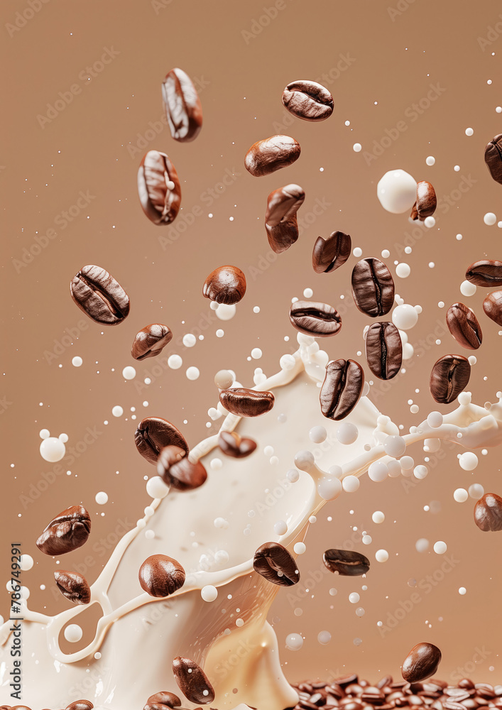 Coffee beans exploding into a dance with milk splashes on a chocolate-colored background Coffee beans exploding into a dance with milk splashes on a chocolate-colored background