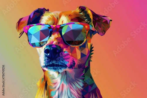cool dog wearing reflective sunglasses geometric faceted animal portrait vivid color background vector art
