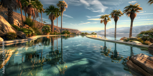 A lush oasis in the middle of a vast desert with palm trees, turquoise pool, and a clear blue sky © Aryan