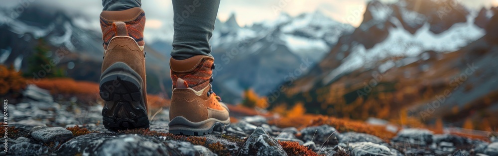 Trailblazing: Woman Hiker Trekking Through Majestic Mountain Landscape with Hiking Shoes and Backpack - Outdoor Adventure and Nature Sport Trailblazing: Woman Hiker Trekking Through Majestic Mountain Landscape with Hiking Shoes and Backpack - Outdoor Adventure and Nature Sport