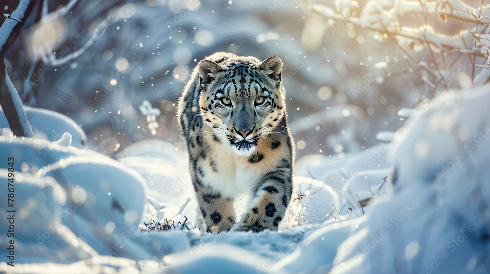 Elegant snow leopard prowling through a snowy