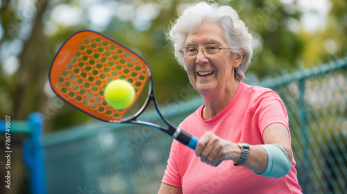 senior old lady playing pickleball, old people doing fitness exercises 