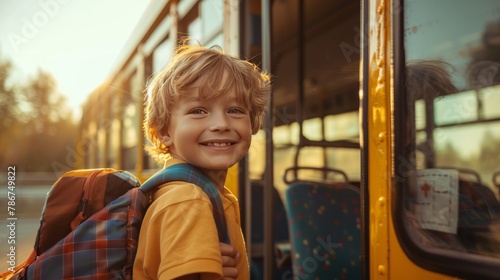 Cute kid with backpack getting on school bus