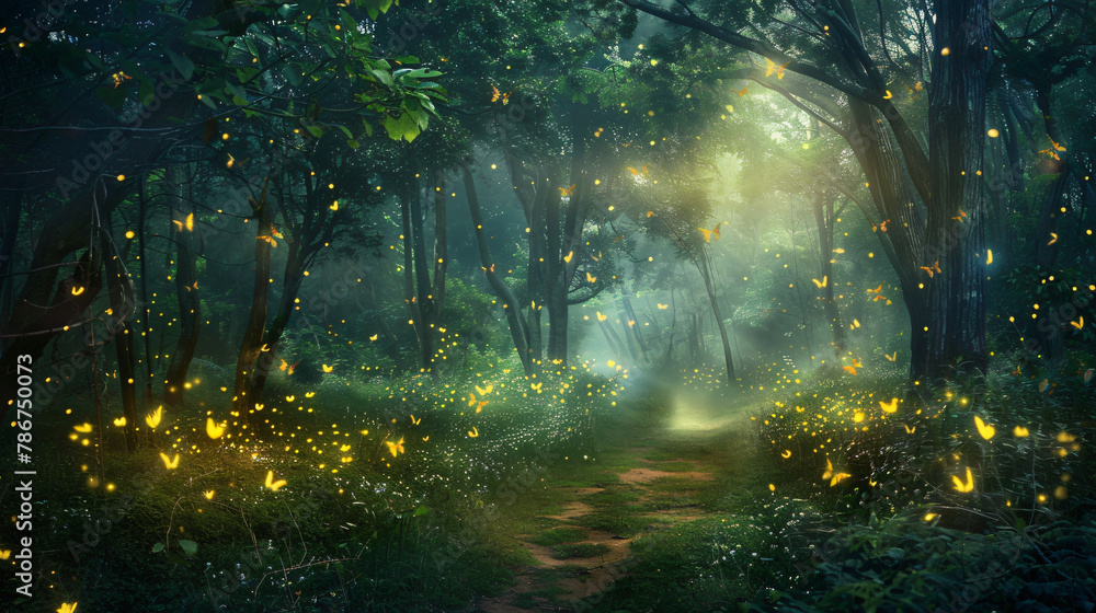 Enchanting fireflies illuminating a tranquil