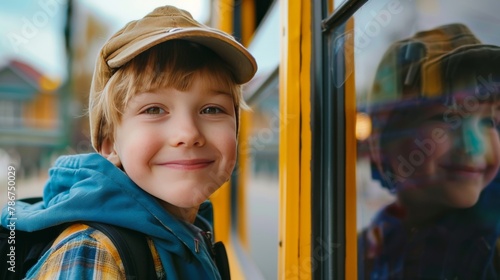 A young boy is waiting for the school bus. photo