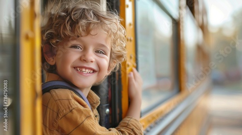 Smiling boy with curly blond hair leaning out the window of a school bus