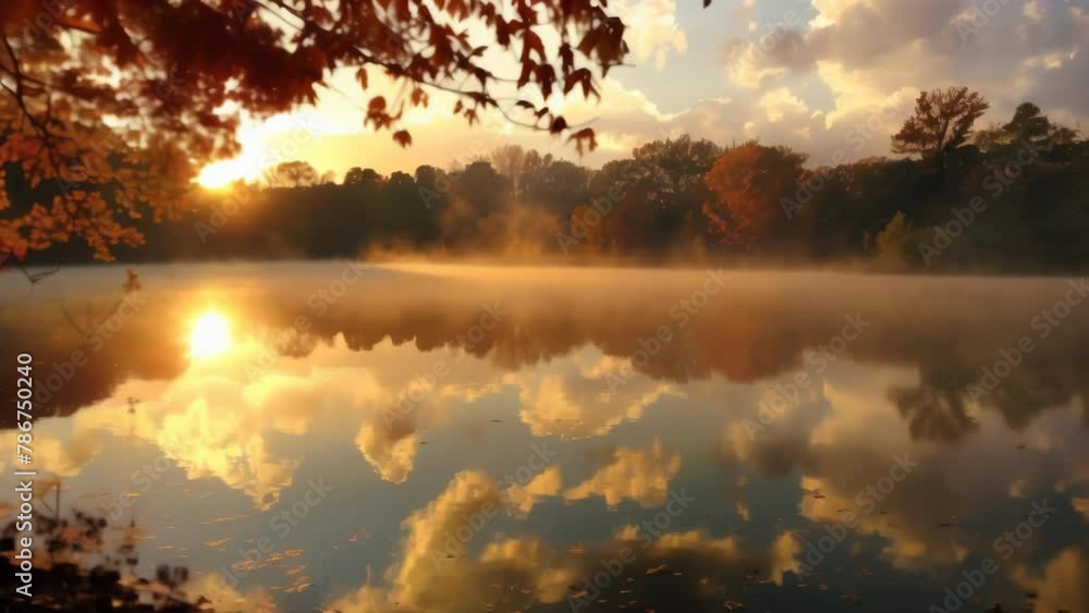 A lakeside landscape unfolds, enveloped in autumn morning mist. The water surface is still as a mirror, perfectly reflecting the surrounding trees and sky. A lakeside landscape unfolds, enveloped in autumn morning mist. The water surface is still as a mirror, perfectly reflecting the surrounding trees and sky.