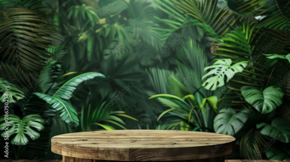 Wooden podium in tropical forest for product presentation and green background Wooden podium in tropical forest for product presentation and green background