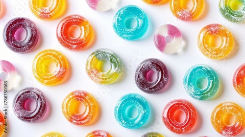 Assorted colorful gummy candies. Top view. Jelly donuts. Jelly bears.