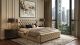 Beige bedroom interior bed and nightstand with art decoration, carpet on hardwood floor. Panoramic window on city skyscrapers.