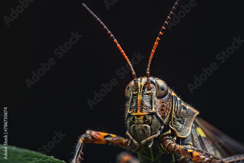 detailed grasshopper portrait on dark background insect macro photography