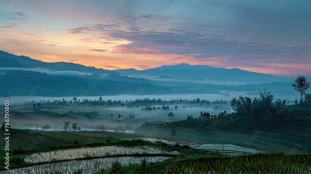 A rice field with a misty sky and mountains in the background. The sky was a mix of blue and orange. It creates a calm and peaceful atmosphere.