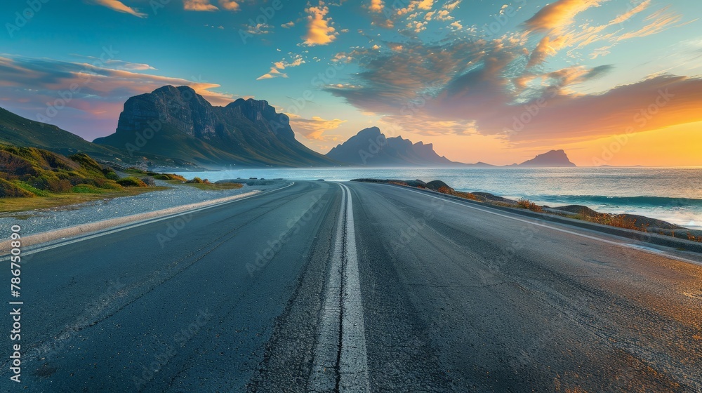 Empty asphalt road and sea with mountain scenery at sunset