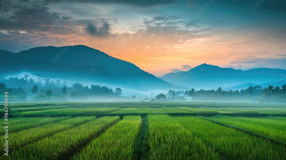 A rice field with a misty sky and mountains in the background. The sky was a mix of blue and orange. It creates a calm and peaceful atmosphere.