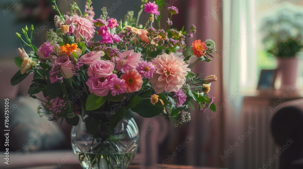 Finished flower arrangement in a vase for home. Flowers bunch, set for interior. Fresh cut flowers for decoration home. Finished flower arrangement in a vase for home. Flowers bunch, set for interior. Fresh cut flowers for decoration home.