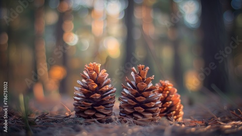 Fir cones on the forest floor with intentional shallow depth of field and vignetting. photo