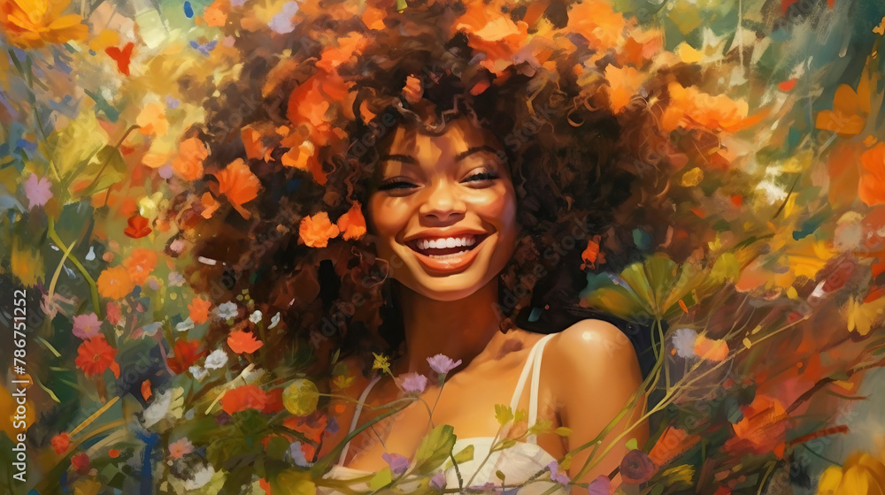 black curly woman smile with flowers black curly woman smile with flowers