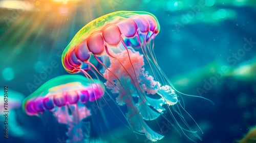 A vibrant jellyfish swimming underwater with a colorful, bokeh light background. photo