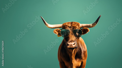 funny cow with glasses eating grass, funny bakra eid, eid ul adha, eid mubarak wallpaper with copy space photo